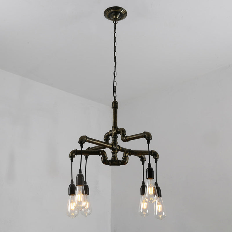 Industrial Iron 2-Layer Water Pipe Chandelier with Bronze Finish - 4/6 Heads - Dining Room Ceiling Light