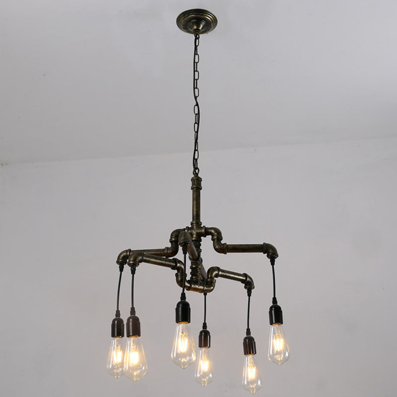Industrial Bronze Water Pipe Chandelier: 2-Layer Iron 4/6 Heads Dining Room Ceiling Light