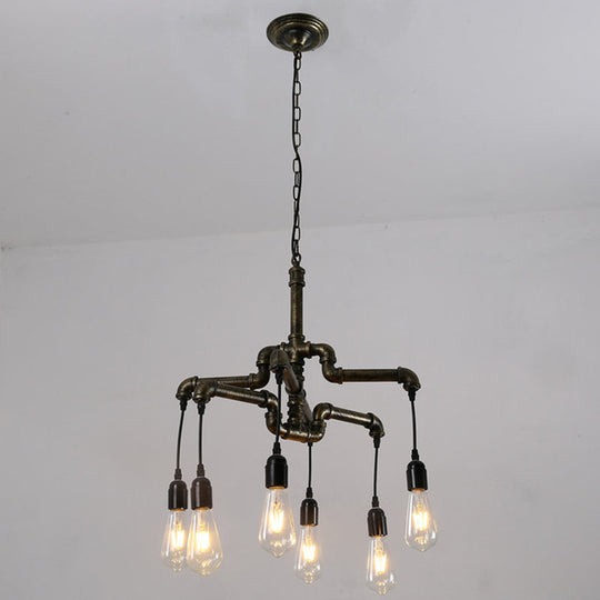 Industrial Bronze Water Pipe Chandelier: 2-Layer Iron 4/6 Heads Dining Room Ceiling Light