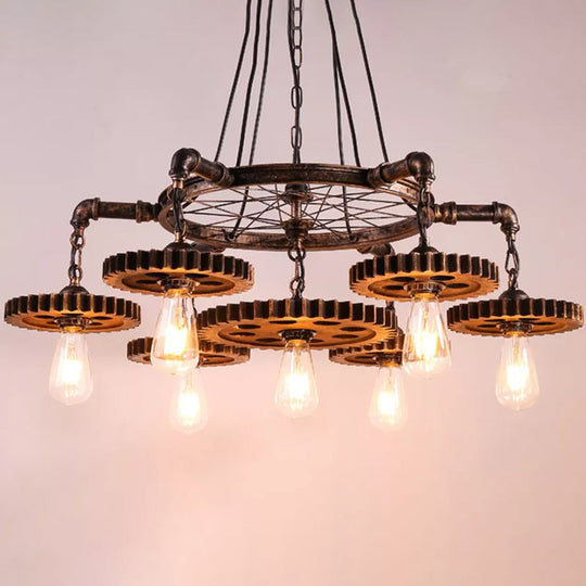 Bronze Gear Chandelier - Loft Style Iron Suspension Lamp For Living Room 3/5/7-Light Ceiling Fixture