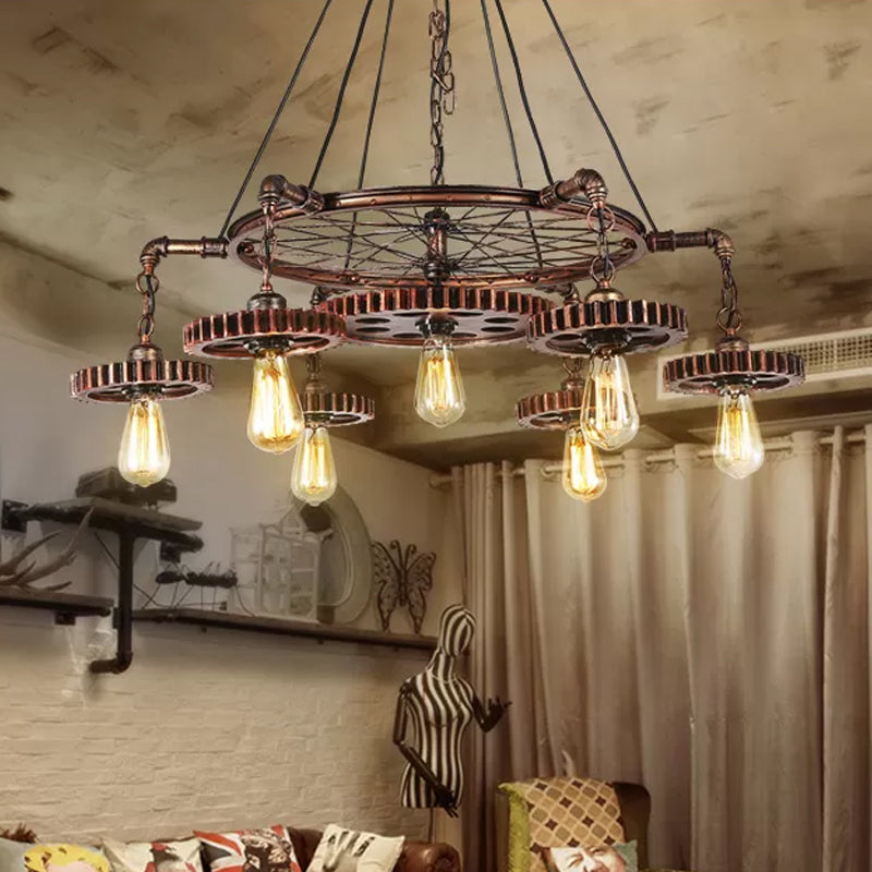 Bronze Gear Chandelier - Loft Style Iron Suspension Lamp For Living Room 3/5/7-Light Ceiling Fixture