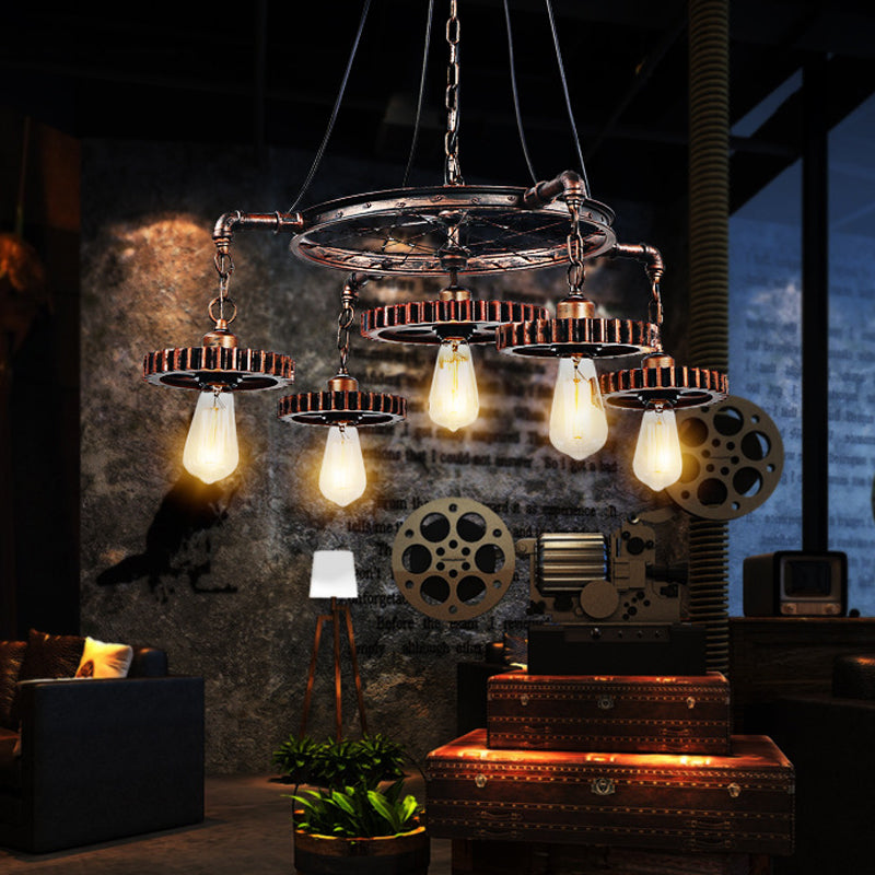 Antiqued Bronze Gear Chandelier - Loft Style Iron 3/5/7-Light Ceiling Lamp for Living Room Suspension