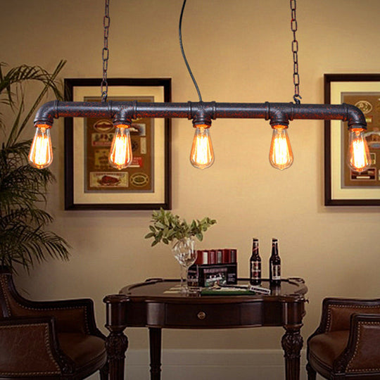 Rustic 5-Light Industrial Iron Plumbing Pipe Pendant For Table And Island