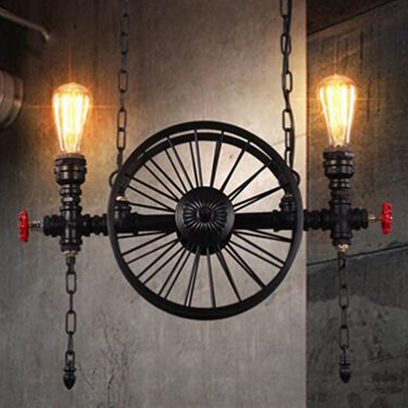 Industrial Iron Hanging Light Fixture - Wheel Piping 2/3/4 Heads Black For Living Room Island 2 /
