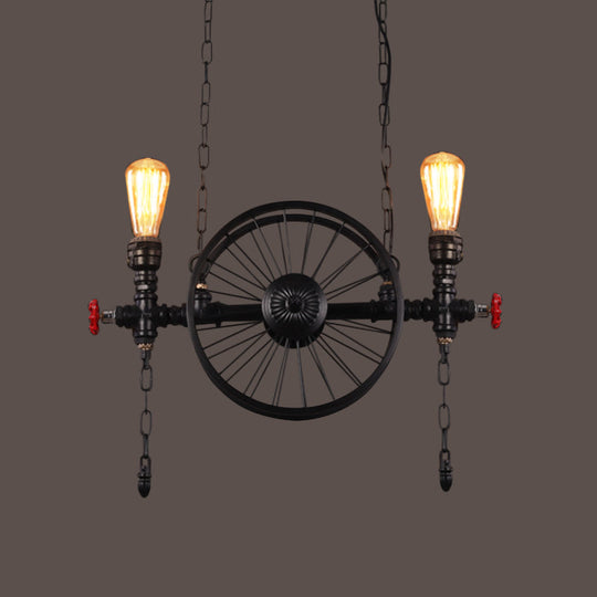 Industrial Iron Hanging Light Fixture - Wheel Piping 2/3/4 Heads Black For Living Room Island
