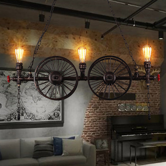 Industrial Iron Hanging Light Fixture - Wheel Piping 2/3/4 Heads Black For Living Room Island 3 /