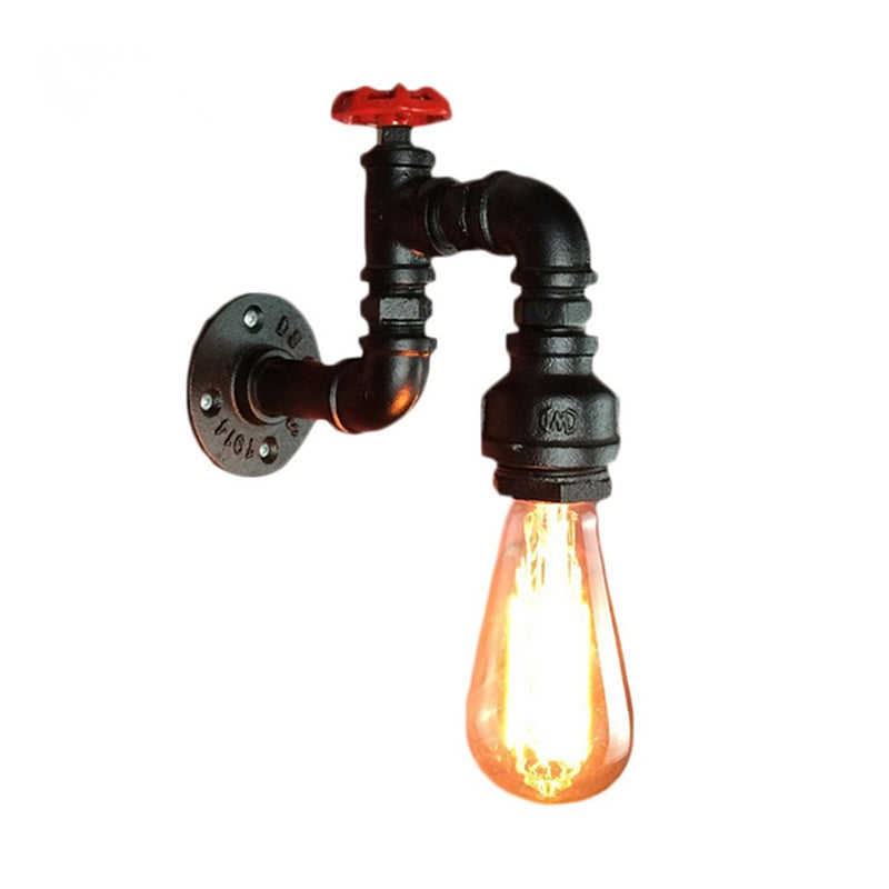 Steampunk Iron Wall Mount Lamp With Red Valve - Black Faucet 1-Light Kit For Living Room