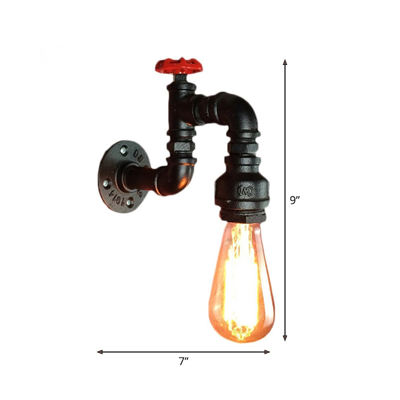 Steampunk Iron Wall Mount Lamp With Red Valve - Black Faucet 1-Light Kit For Living Room