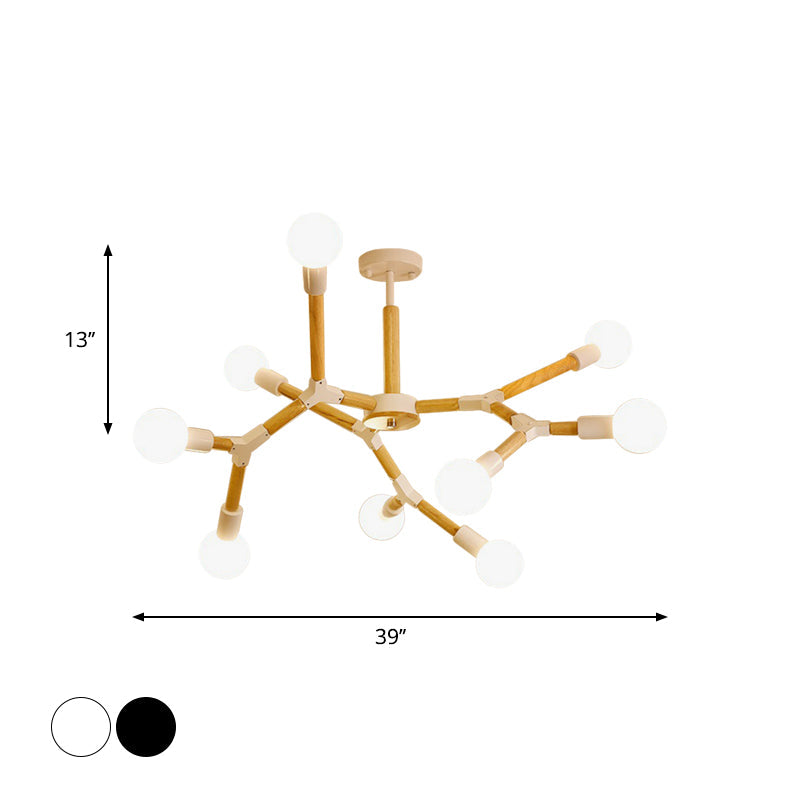 Modern Wooden Molecular Chandelier with Bare Bulbs - 3/6/9 Lights - Black/White Ceiling Hang Lamp