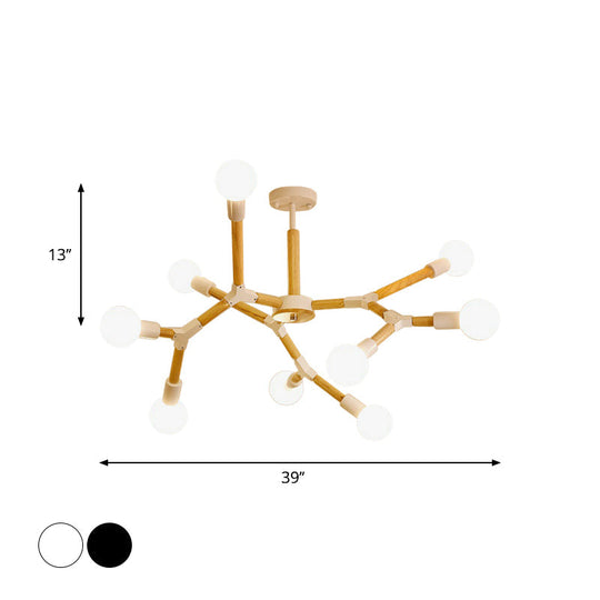 Modern Wooden Molecular Chandelier - 3/6/9 Lights Black/White Bare Bulb Design