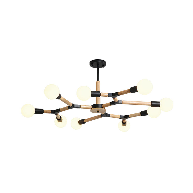 Modern Wooden Molecular Chandelier with Bare Bulbs - 3/6/9 Lights - Black/White Ceiling Hang Lamp