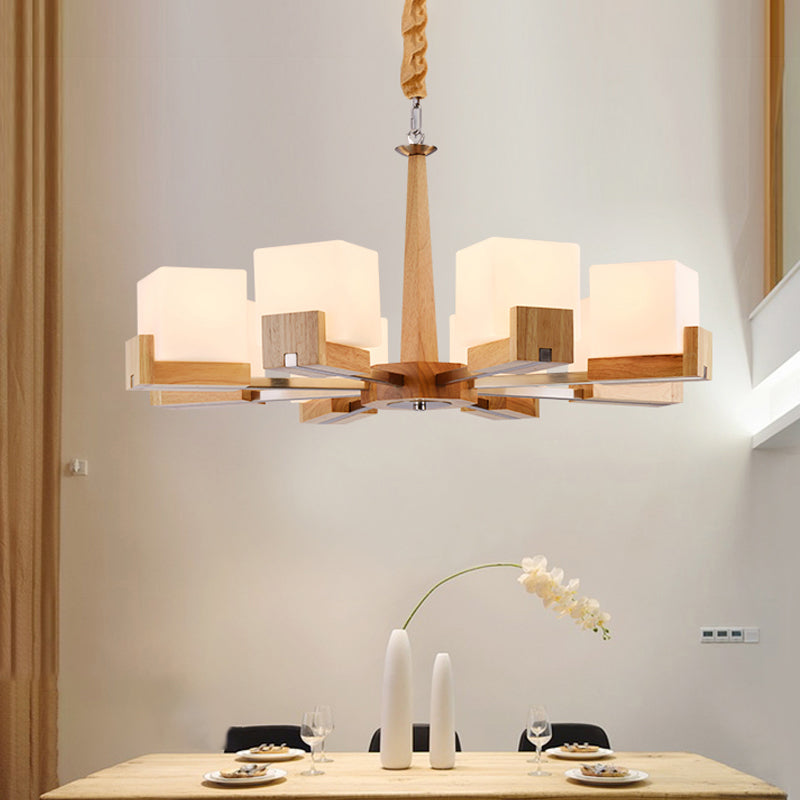 Contemporary Wood Cube Acrylic Chandelier - Radial Hanging Light Fixture (3/5/8 Bulbs) For Bedroom