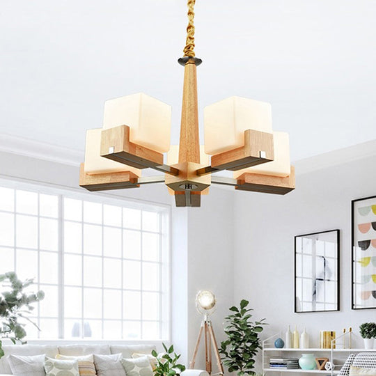 Modern Wood Cube Chandelier with Multiple Bulbs for Bedroom