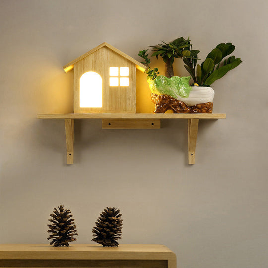 Nordic Wooden Led Wall Sconce With Storage Shelf - Beige Lodge Lamp Warm/White Light Wood / Warm