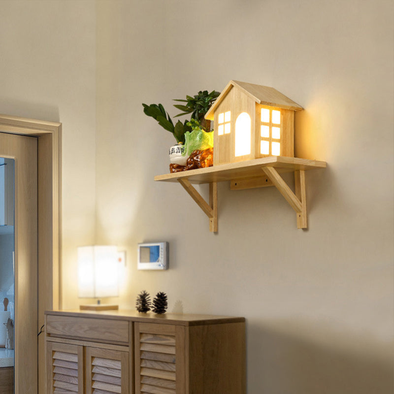 Nordic Wooden Led Wall Sconce With Storage Shelf - Beige Lodge Lamp Warm/White Light