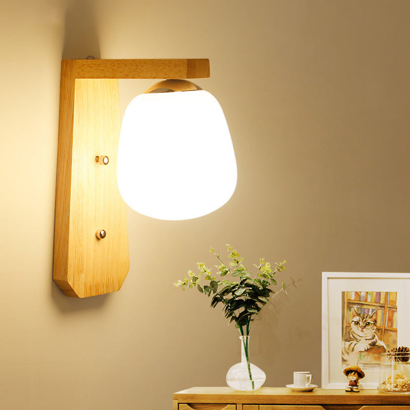 Modern Nordic Wooden Wall Lamp With Milky Glass Bud Shape & Right Angled Arm - 1 Bulb Light Wood