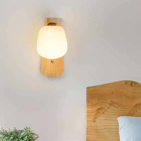 Modern Nordic Wooden Wall Lamp With Milky Glass Bud Shape & Right Angled Arm - 1 Bulb Light