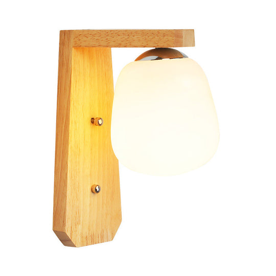 Modern Nordic Wooden Wall Lamp With Milky Glass Bud Shape & Right Angled Arm - 1 Bulb Light