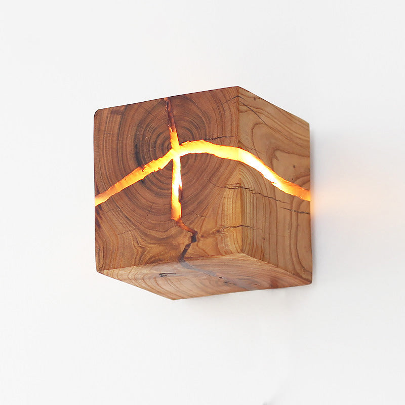 Cube Crack Wood Flush Wall Light - Nordic Led Beige Lamp