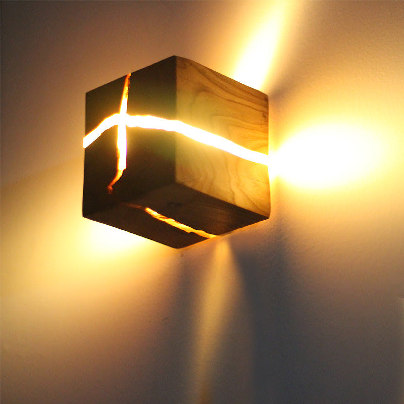 Cube Crack Wood Flush Wall Light - Nordic Led Beige Lamp