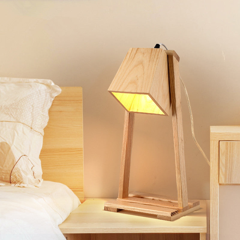 Nordic Wooden Trapezoid Night Light With Storage Shelf - Beige