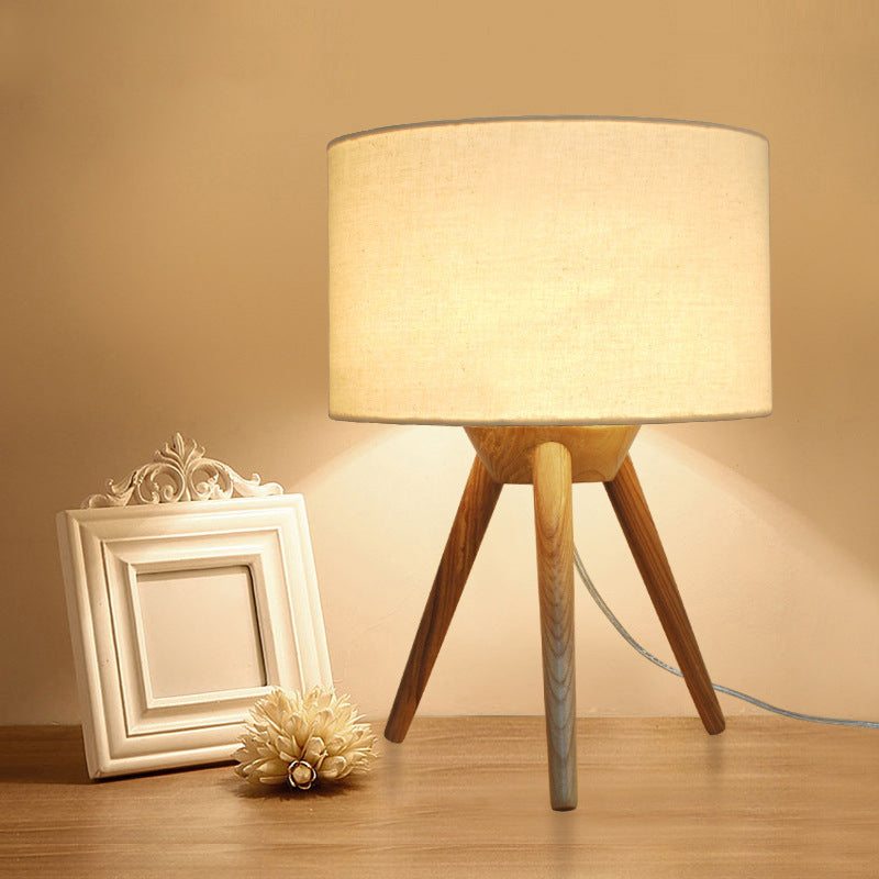 Minimalist Tripod Night Lamp With Drum Shade And Wood Base - Perfect For Single Bedrooms
