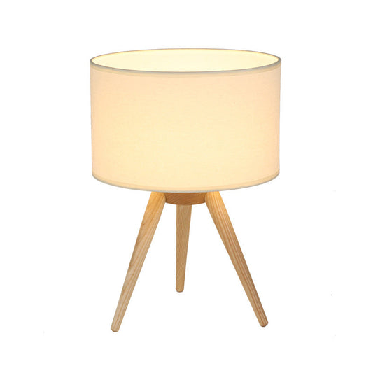 Minimalist Tripod Night Lamp With Drum Shade And Wood Base - Perfect For Single Bedrooms