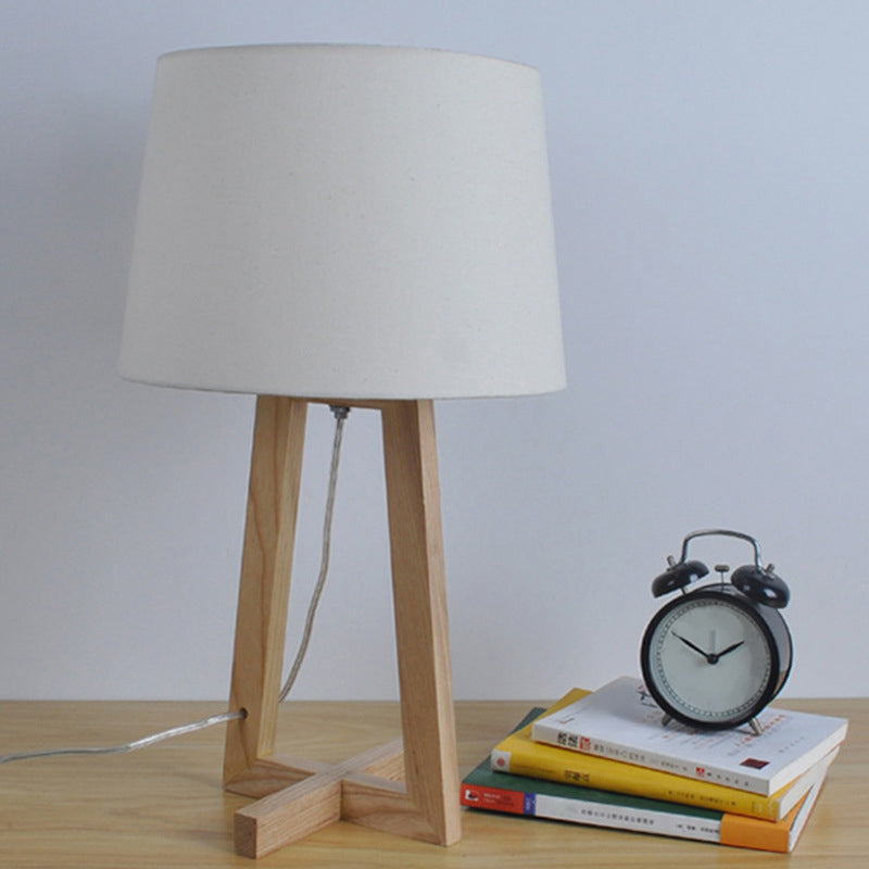Minimalist Fabric Drum Night Table Light For Kids Room - 1-Head Wood 2-Legged Nightstand Lamp