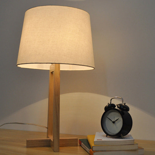 Minimalist Fabric Drum Night Table Light For Kids Room - 1-Head Wood 2-Legged Nightstand Lamp