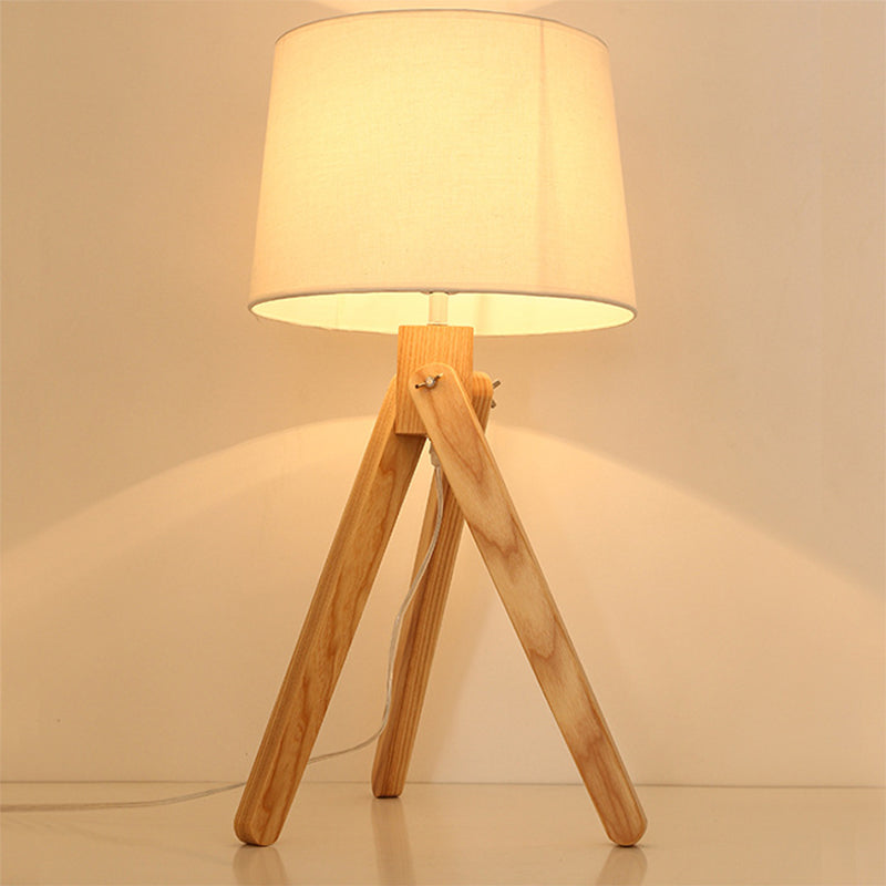 Nordic Style White Tapered Shade Night Lamp With Wood Telescope Stand