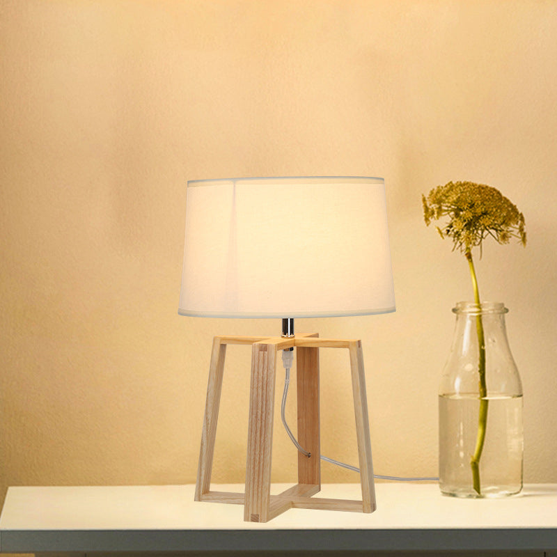 Tapered Drum Table Lamp: Contemporary Fabric Shade Wood Night Light With Trapezoid Base