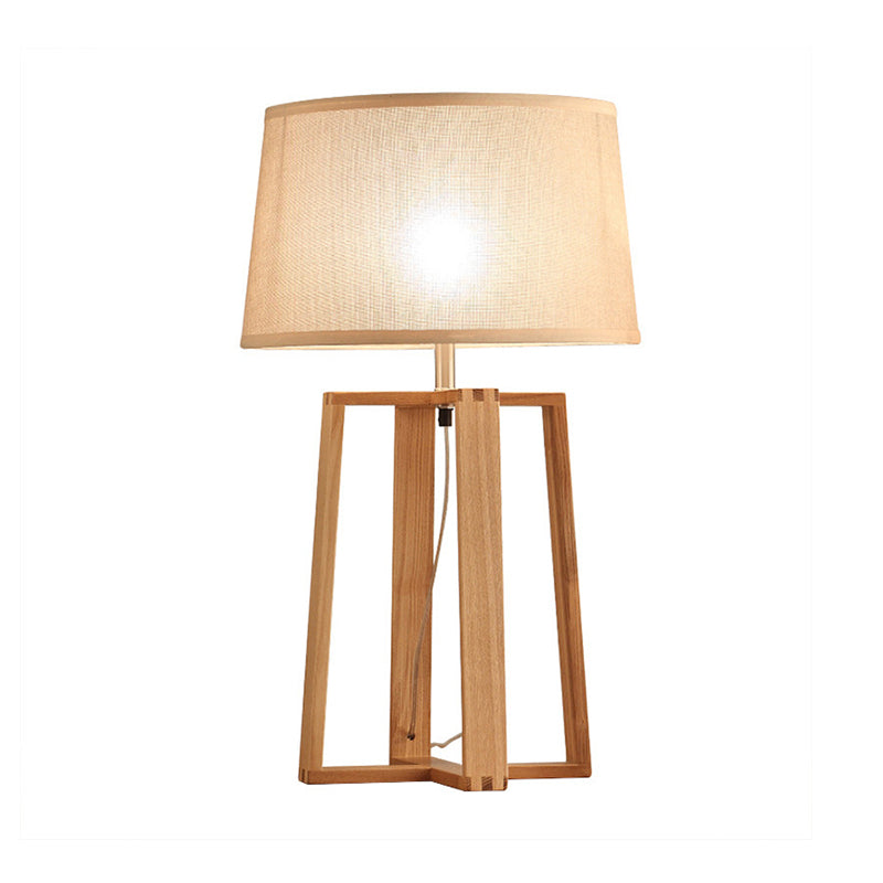 Tapered Drum Table Lamp: Contemporary Fabric Shade Wood Night Light With Trapezoid Base