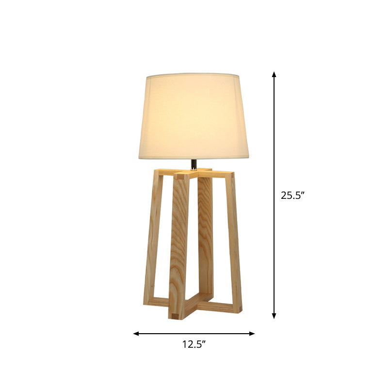 Modern Beige Trapezoid Nightstand Lamp With Wood Base And Tapered Fabric Shade