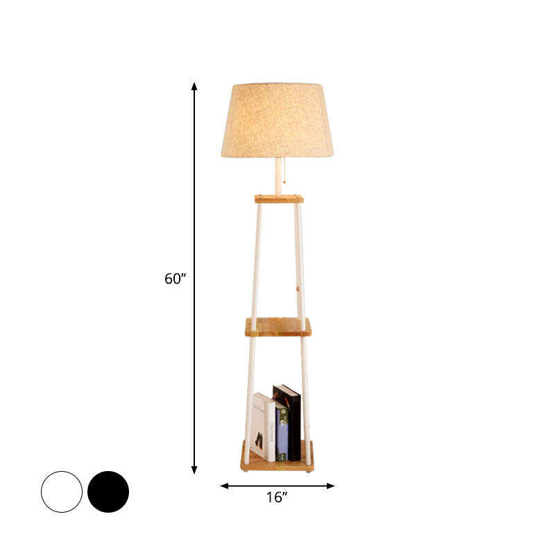 Modern Fabric Cone/Drum/Tapered Floor Lamp With Table & Storage Rack - Black/White/Wood Stand Up