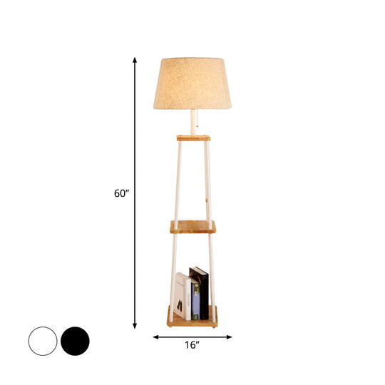 Modern Fabric Cone/Drum/Tapered Floor Lamp With Table & Storage Rack - Black/White/Wood Stand Up