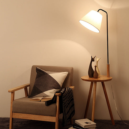 Conical Nordic Floor Lamp With Wood 3-Leg Stand And Table - Fabric Shade