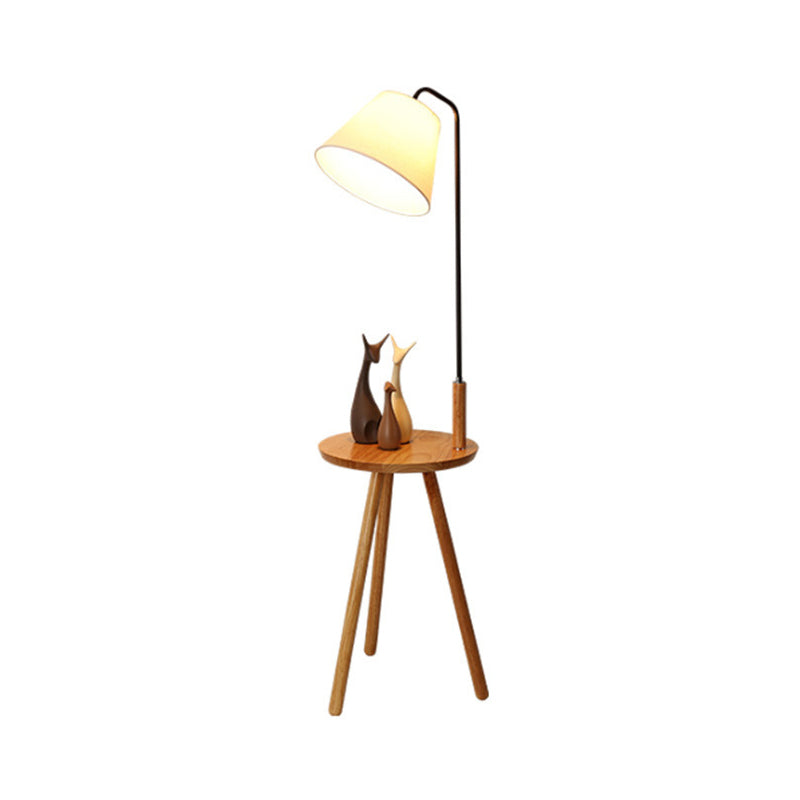 Conical Nordic Floor Lamp With Wood 3-Leg Stand And Table - Fabric Shade