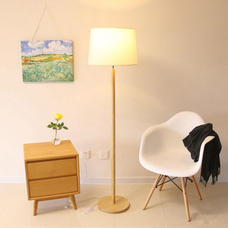 Simplicity Drum Floor Lamp 1-Light Study Room In Wood Fabric