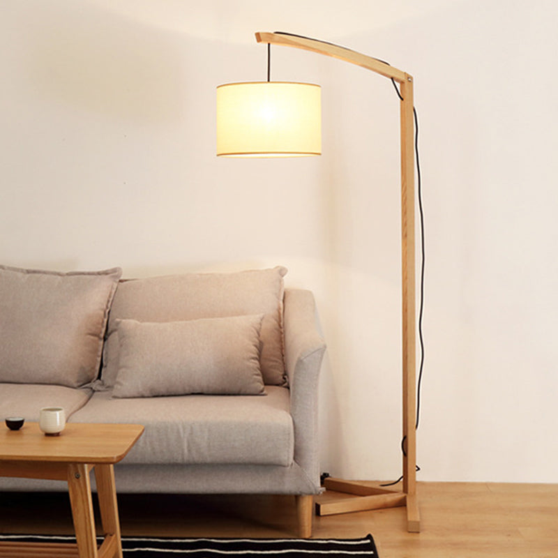 Modern Cylinder Fabric Reading Floor Lamp With Wood Base And Bow Pole