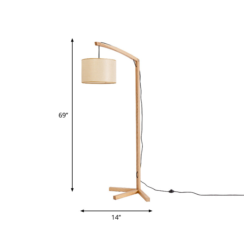 Modern Cylinder Fabric Reading Floor Lamp With Wood Base And Bow Pole