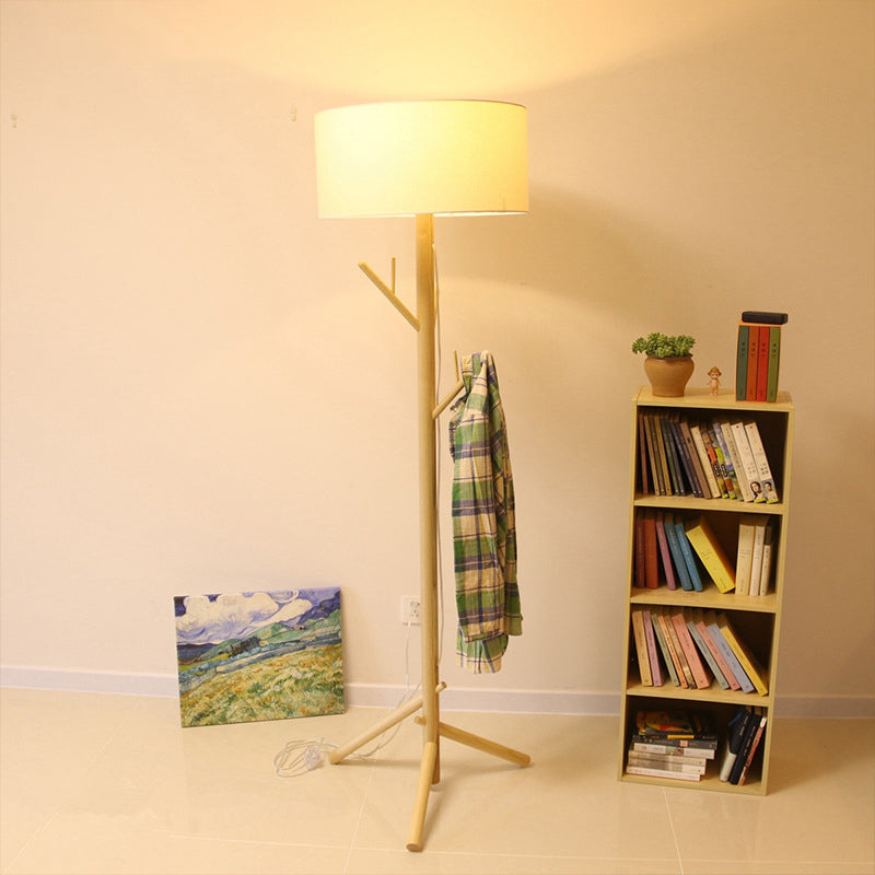 Minimalist Fabric Drum Floor Lamp With Wood Coat Rack - 1 Head Bedroom Lighting