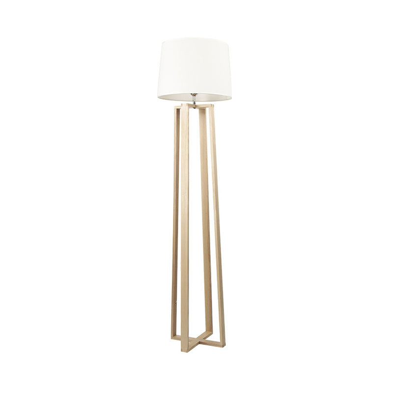 Contemporary Wood Trapezoid Floor Lamp With White Barrel Fabric Shade
