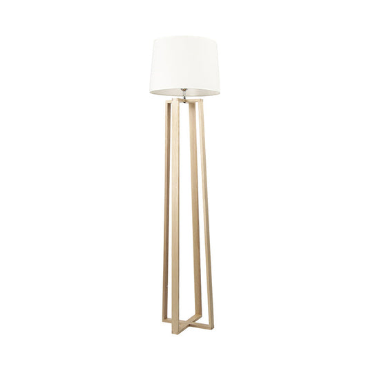 Contemporary Wood Trapezoid Floor Lamp With White Barrel Fabric Shade