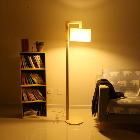 Cylindrical Fabric Floor Lamp - Minimalist Wood Stand With Right Angled Pole