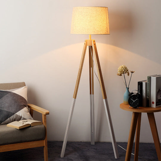 Modern 3-Legged Drum Shade Floor Light - Black/White Fabric Wood Base For Living Room White