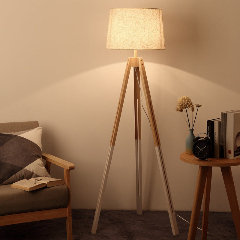 Modern 3-Legged Drum Shade Floor Light - Black/White Fabric Wood Base For Living Room