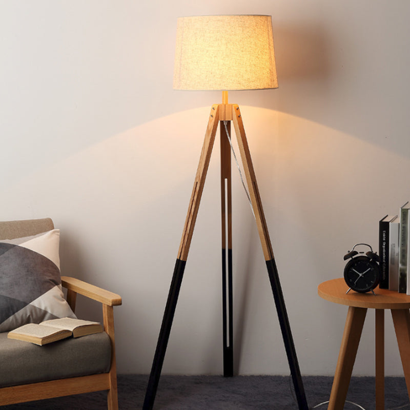 Modern 3-Legged Drum Shade Floor Light - Black/White Fabric Wood Base For Living Room Black