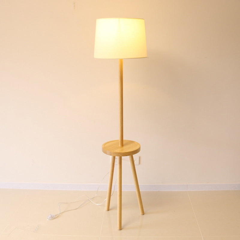 Nordic White Drum Floor Lamp With Tripod And Table - 1 Head Fabric Stand Up Lighting