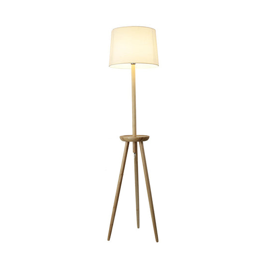 Minimalist Wood Tri-Legged Floor Lamp With Drum Fabric Shade And Table Beige Stand Light