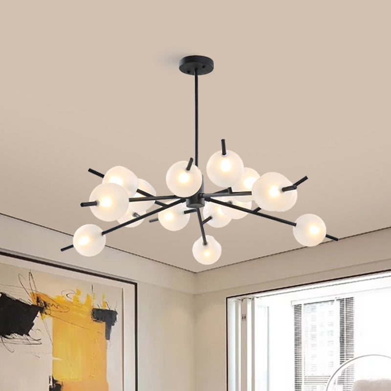 Contemporary Branched Pendant Lamp with 15 Metal Bulbs, Black/Gold Finish and Frosted Glass Shades